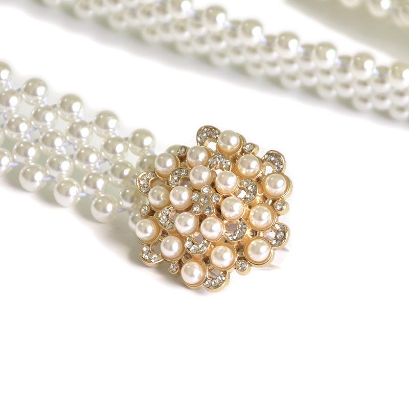 Cross-border women's belt - ladies' casual decorative rhinestone & pearl buckle slim waist belt