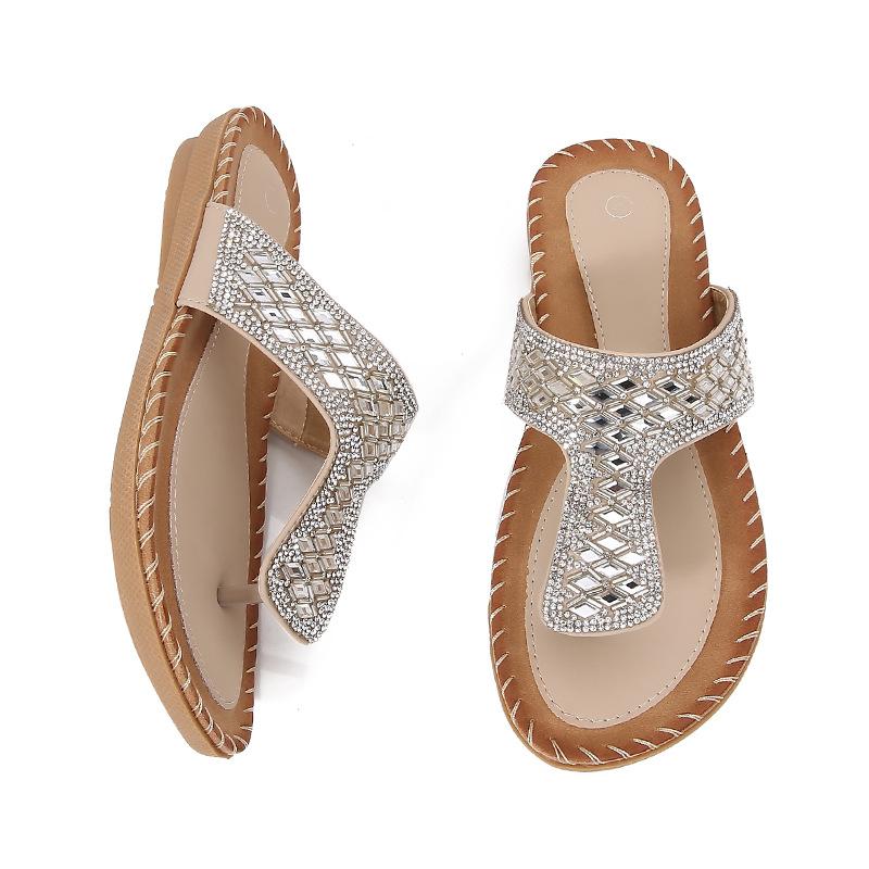 New Bohemian Cool Slippers Women's Summer Rhinestones Evening Wind Flat Bottom Round Head Pinch Feet Open Toes