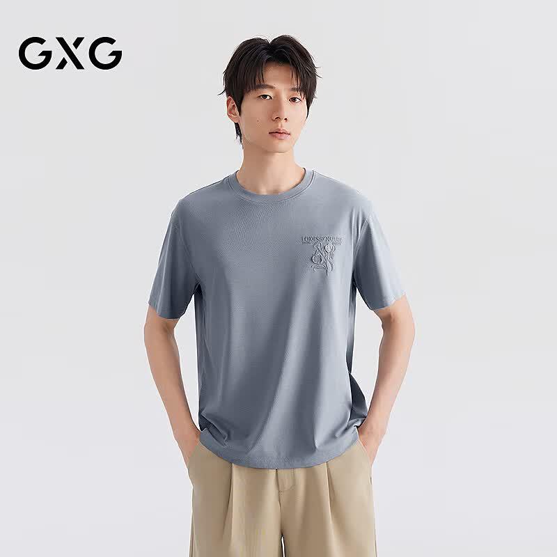 GXG Men s Embroidered Flower Loose Round Neck T-Shirt XL