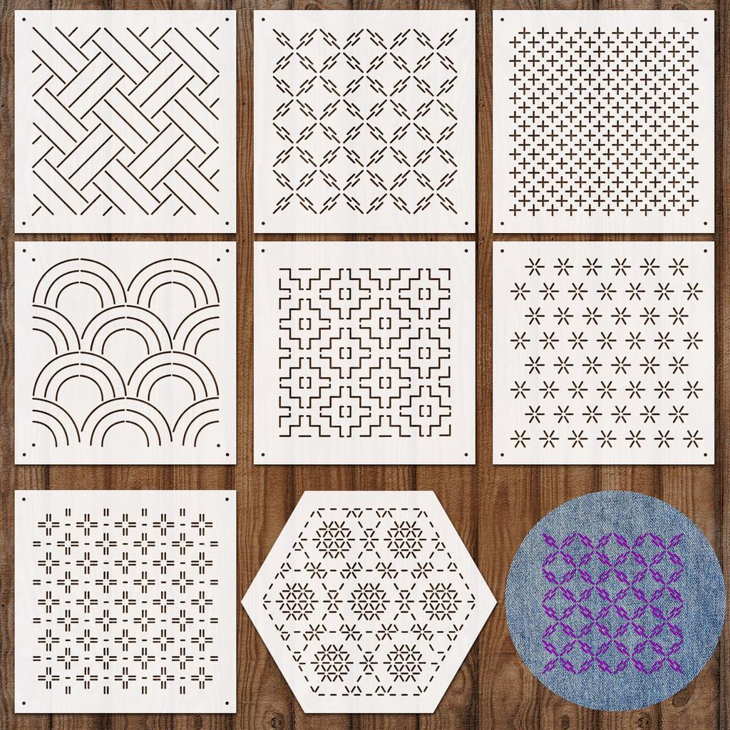 Yousoontic Sashiko Stencil Set (8 Pcs, 4.7 × 4.7 In, 2.5 Mm Thick, Reusable Plastic)