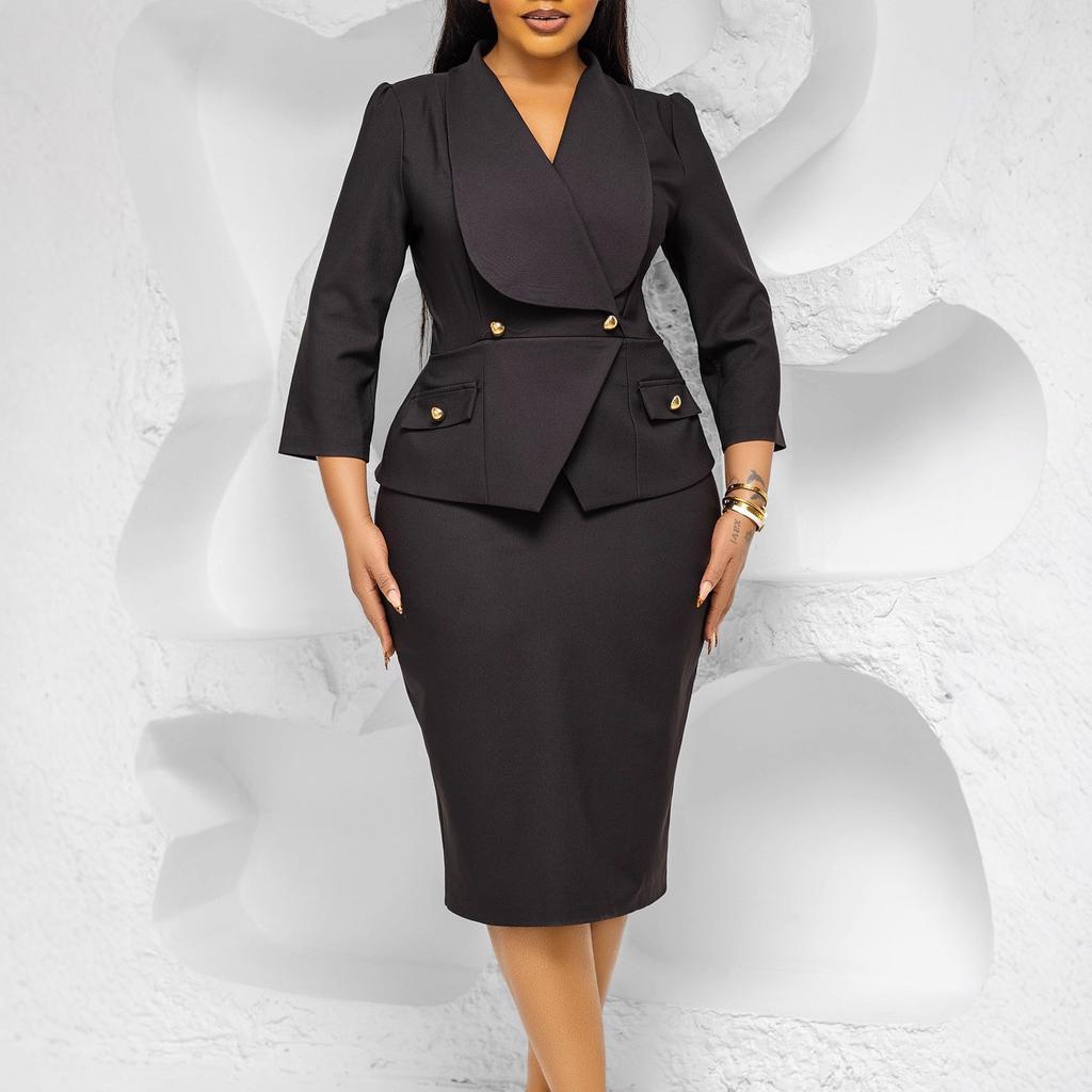 Women's new autumn fashion temperament elegant solid color large lapel O Tongle dress