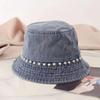 Korean Style Denim Bucket Hat With Pearl Trim For Women Vintage Streetwear Short Brim Sun Hat