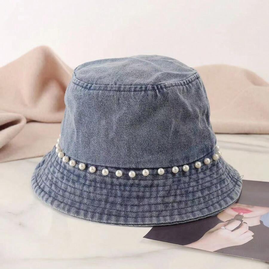 Korean Style Denim Bucket Hat With Pearl Trim For Women Vintage Streetwear Short Brim Sun Hat