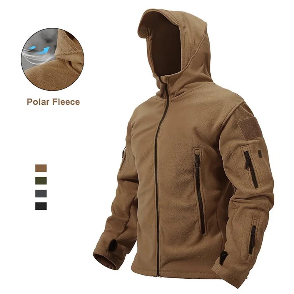 Men's Polar Fleece Tactical Zipper Jacket Outdoor Hooded Warm Outwear Solid Color Basic Style Sports Jacketcoat Male Clothing