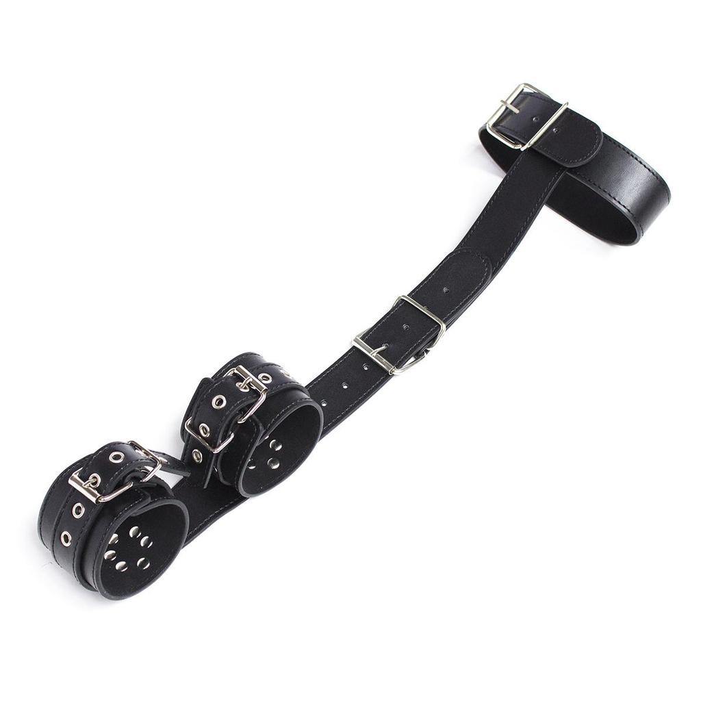 Leather Restraints & Cuffs Set: Hands Behind Back, Wrist Cuffs, Kinky Neck Collar