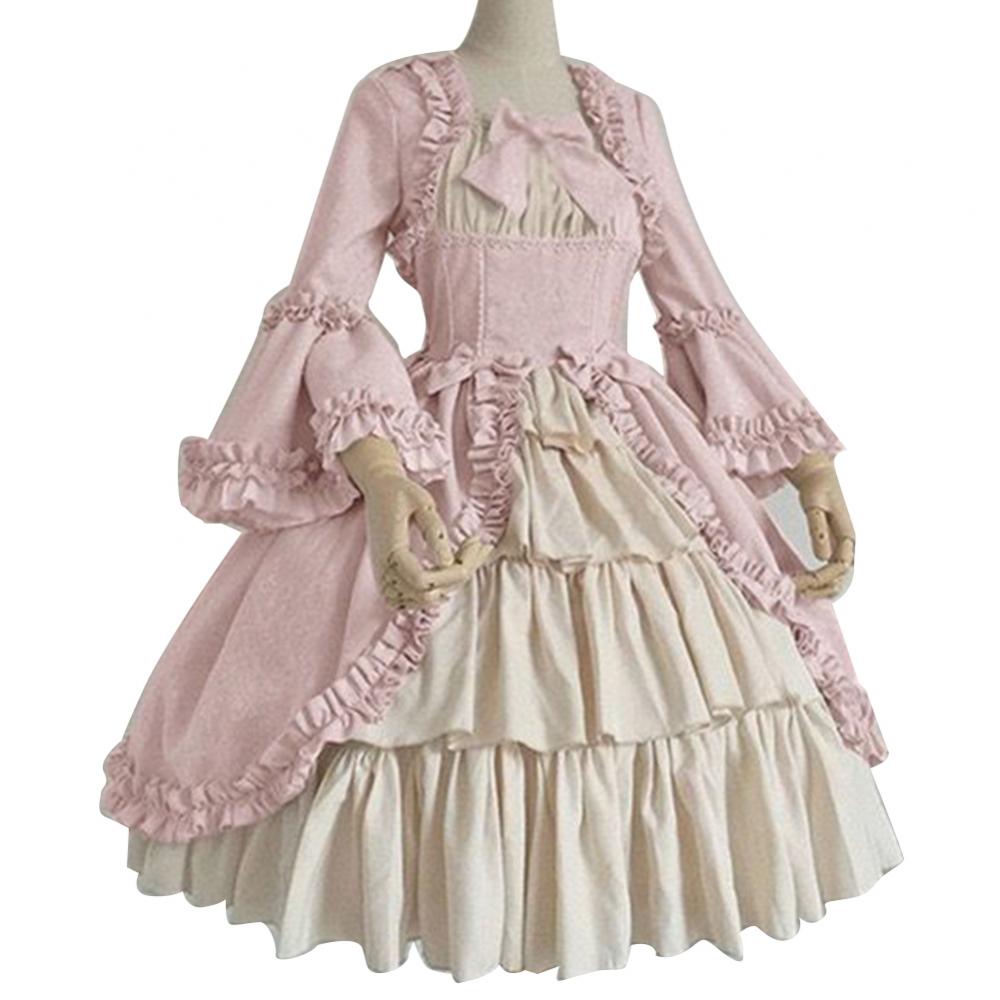 Sukienka Lolita w kolorze truskawkowym, średniowieczna, retro, gotycka, dworska, lolita, kwadratowy dekolt, talia, łączona, kokarda