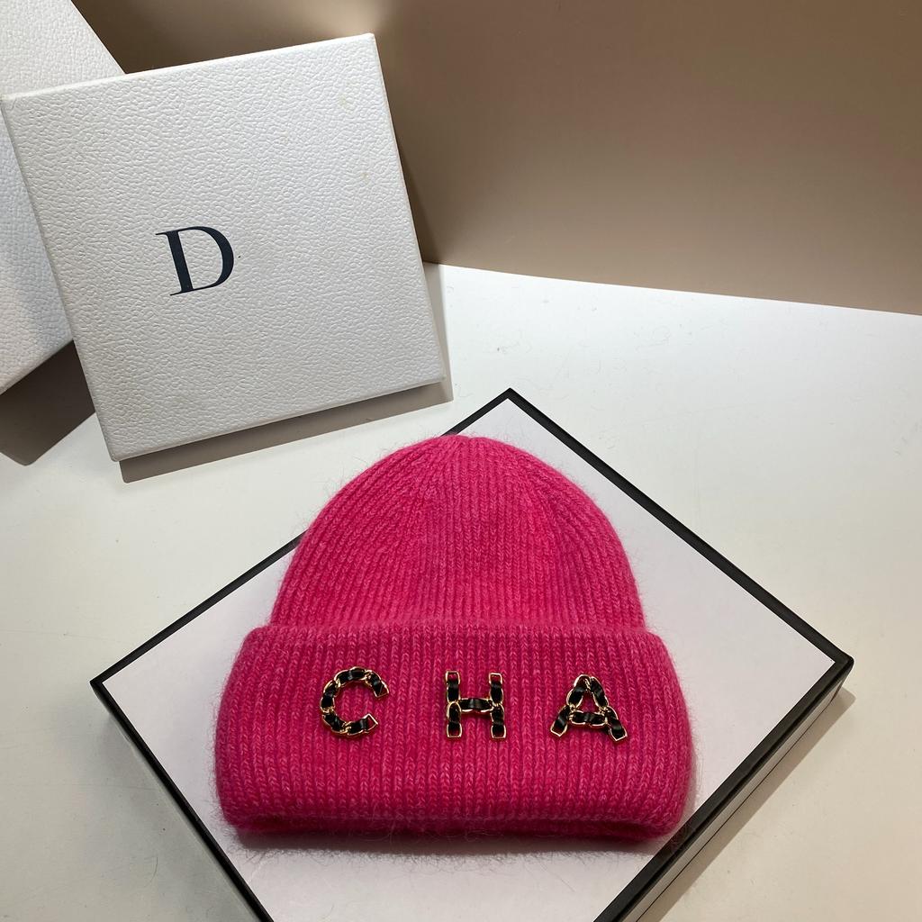 Chain Letter Cha Simple Wool Hat Winter Warm Rabbit Hair Double Fold Knitted Hat Outdoor Ear Protection