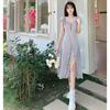 French retro Mori high-end chic dress summer short-sleeved wooden ear edge foreign style solid color split skirt