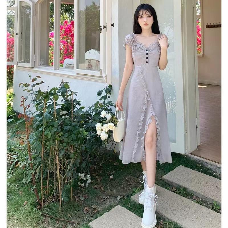 French retro Mori high-end chic dress summer short-sleeved wooden ear edge foreign style solid color split skirt