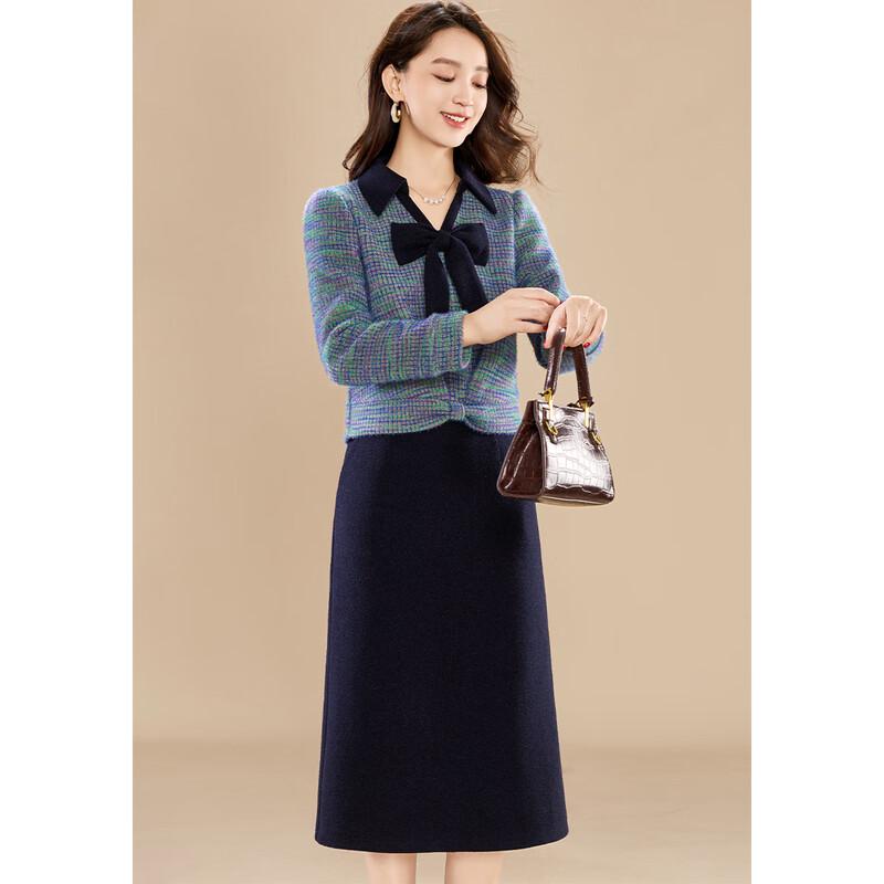 Kobeier Faux Mink Velvet Bow Lapel Top & Straight Skirt Set