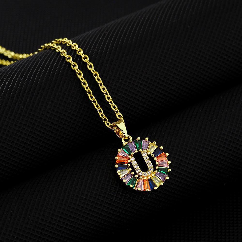 Xiyin Multicolor Zircon Copper Clavicle Chain Necklace with 26 Initial Pendants for Women