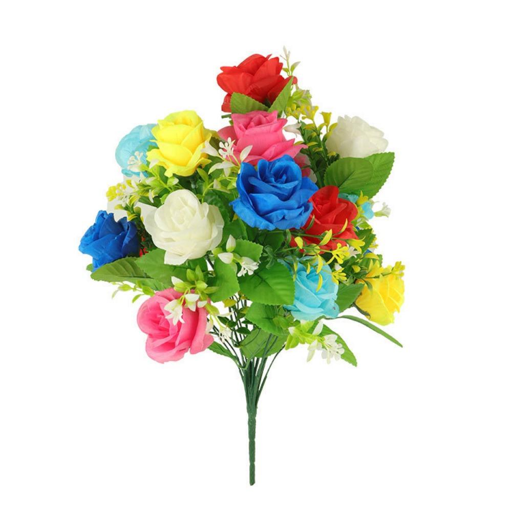 18 Heads Rose Artificial Flower Multicolor Silk Petals Simulation Flower Bouquet Green Leaves Photo Props Faux Flower