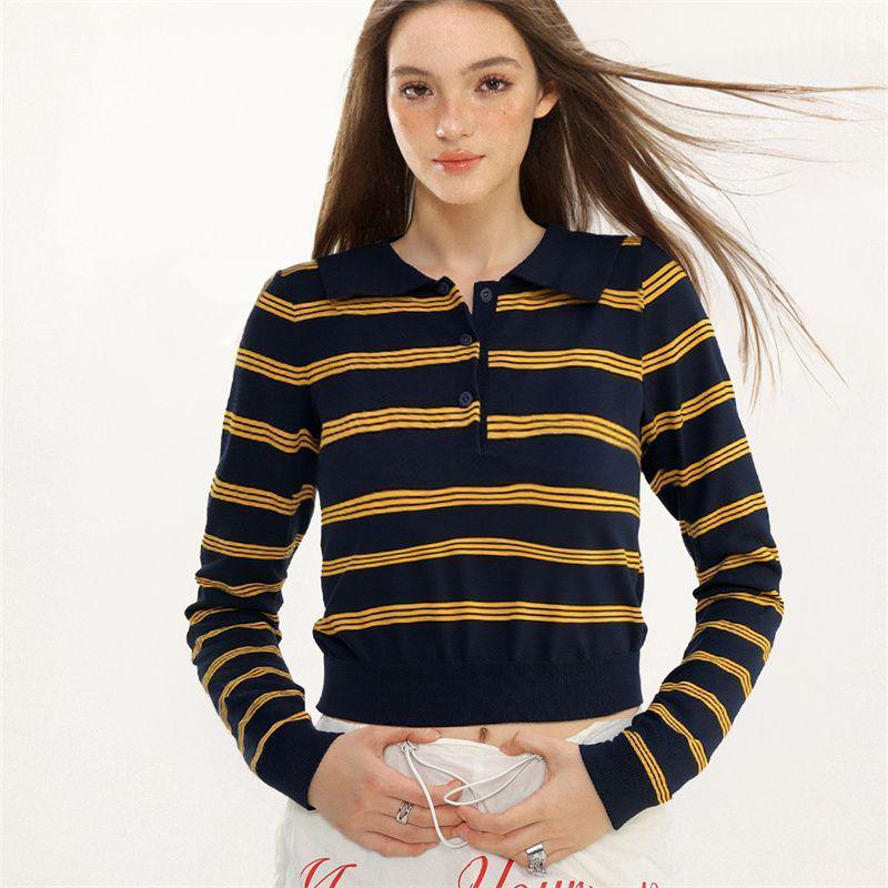 

Korean Preppy Striped Polo Collar Sweater - Women s Casual Autumn Knitted Top One Size
