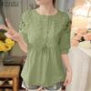 ZANZEA Womens Casual Lace Patchwork Round Neck Half Sleeve Blouse