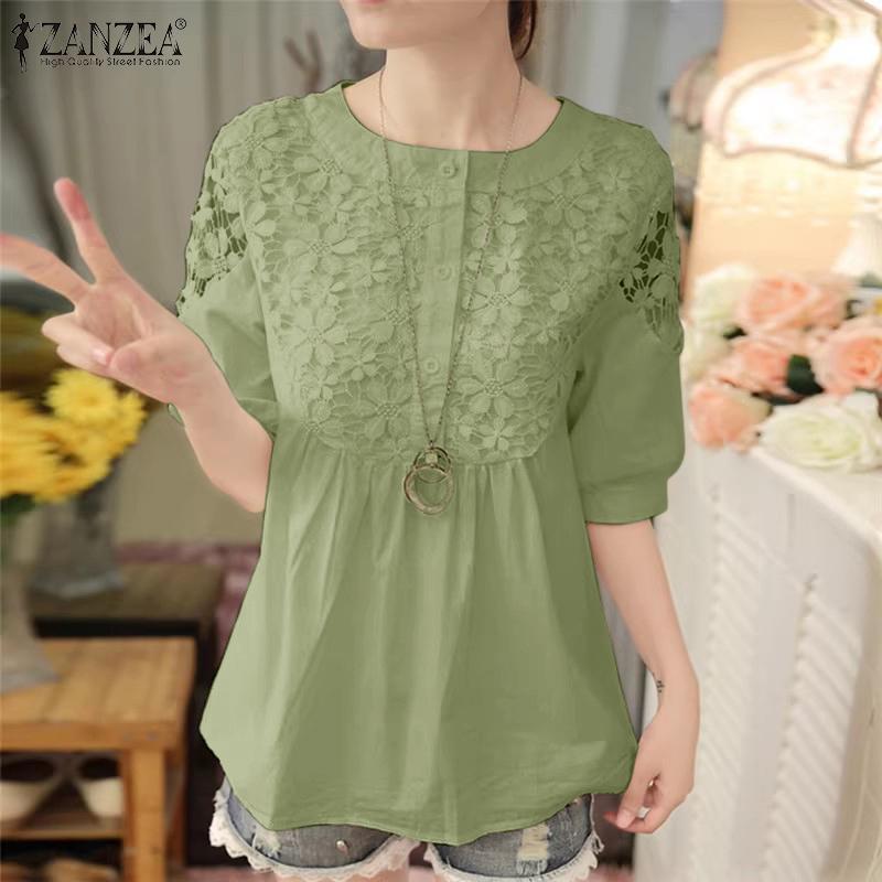 ZANZEA Womens Casual Lace Patchwork Round Neck Half Sleeve Blouse