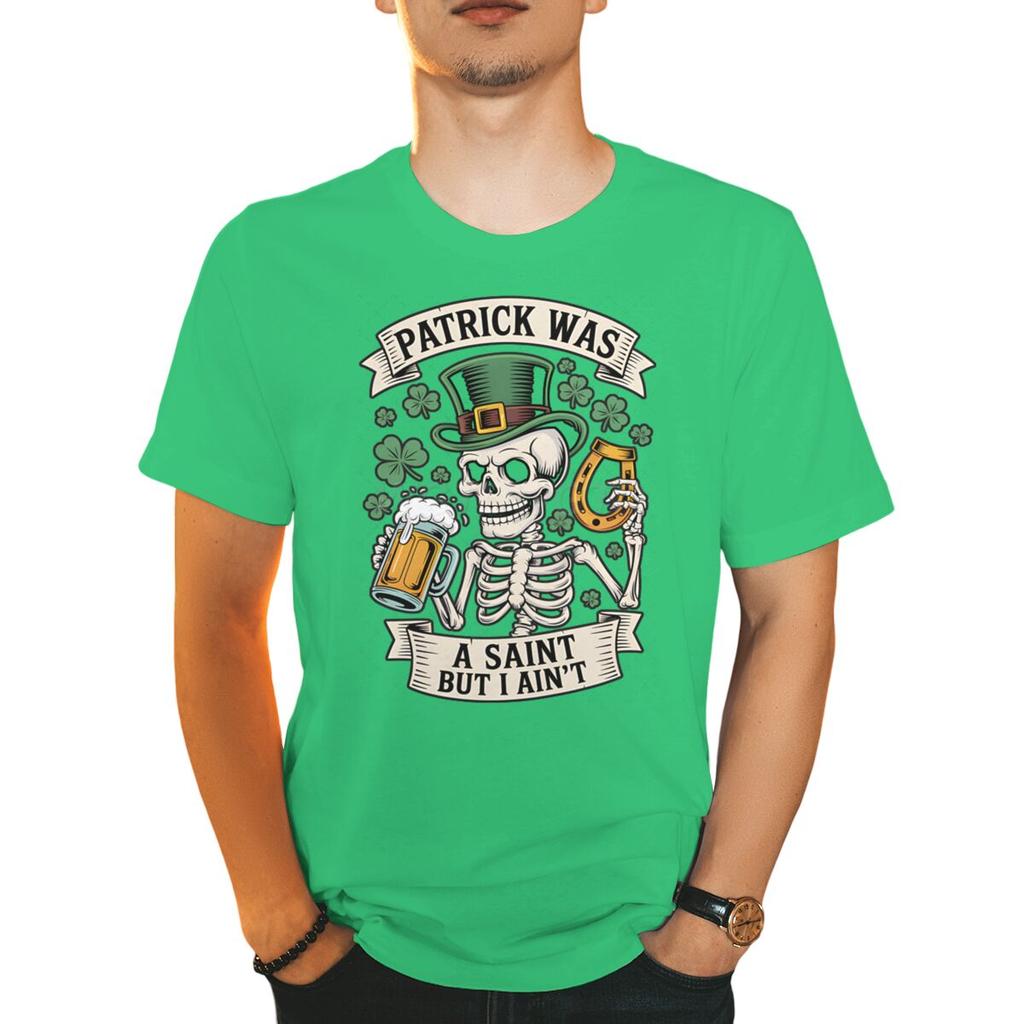 Unisexs St Patricks Day Shirt Patrick Was A Saint I Aint Print TShirt Irish Day Shirt Funny Skeleton Shamrock Leaves Graphic Tee