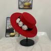 Autumn and Winter New Flat Top Top Top Hat Women's French Light Luxury Thousand Gold Woolen Hat Elegant Pearl Flower Top Hat Self-operated