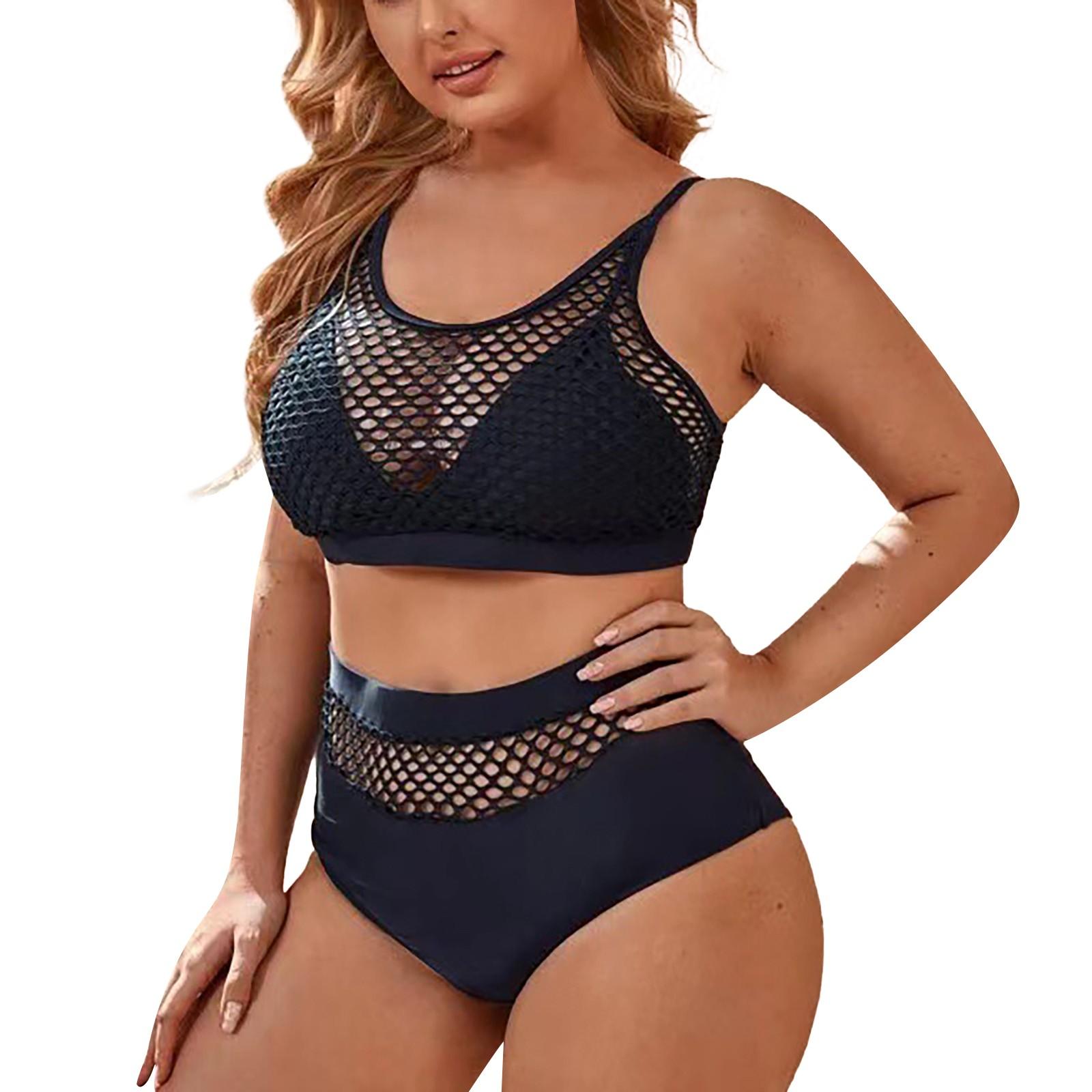 

Женский купальник-бикини больших размеров из двух частей, сетчатый лоскутный купальник, сексуальный бюстгальтер на бретельках с высокой талией, трусы, купальник, морской купальный костюм XL чёрный