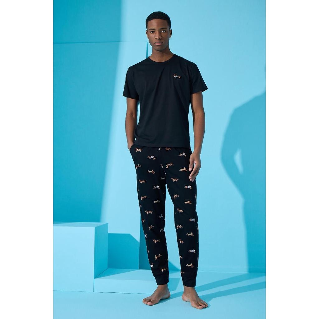 Kurzärmliges Herren-Pyjama-Set mit Dogg-Print in Schwarz