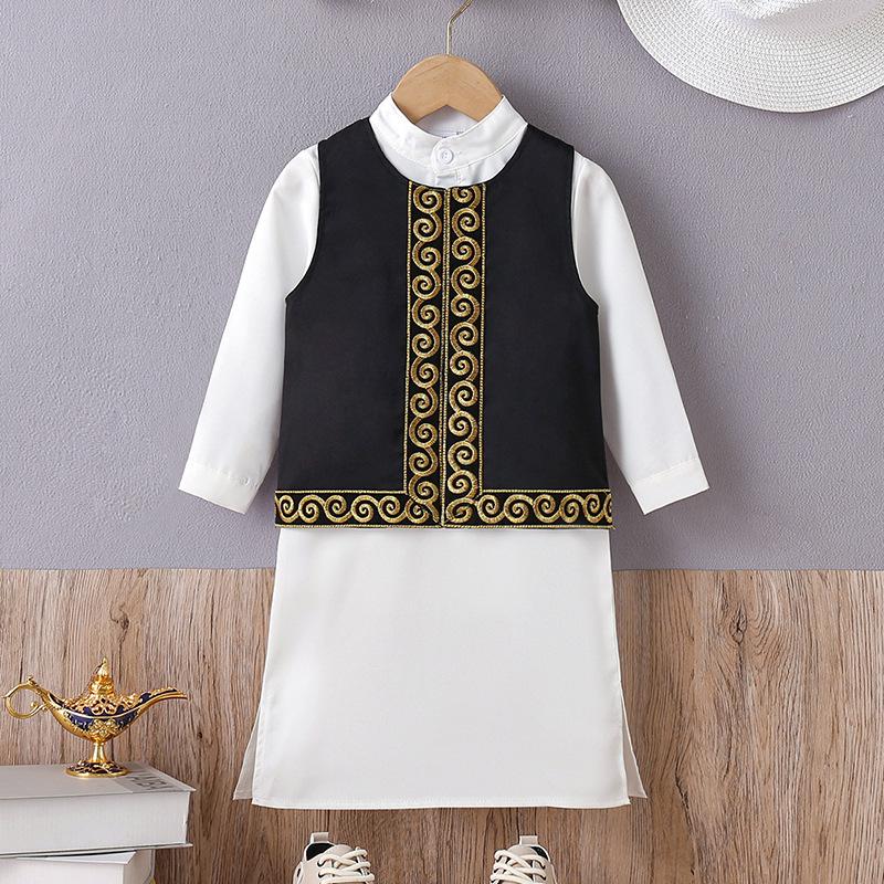 Trendy Middle East Teen Embroidery Vest & Robe Set - Arabic Style Boys' Outfit