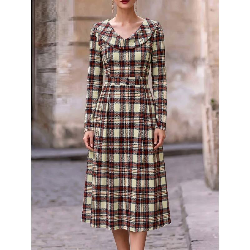 Women Loose Plaid Printed Long Sleeve Long Vintage Dress