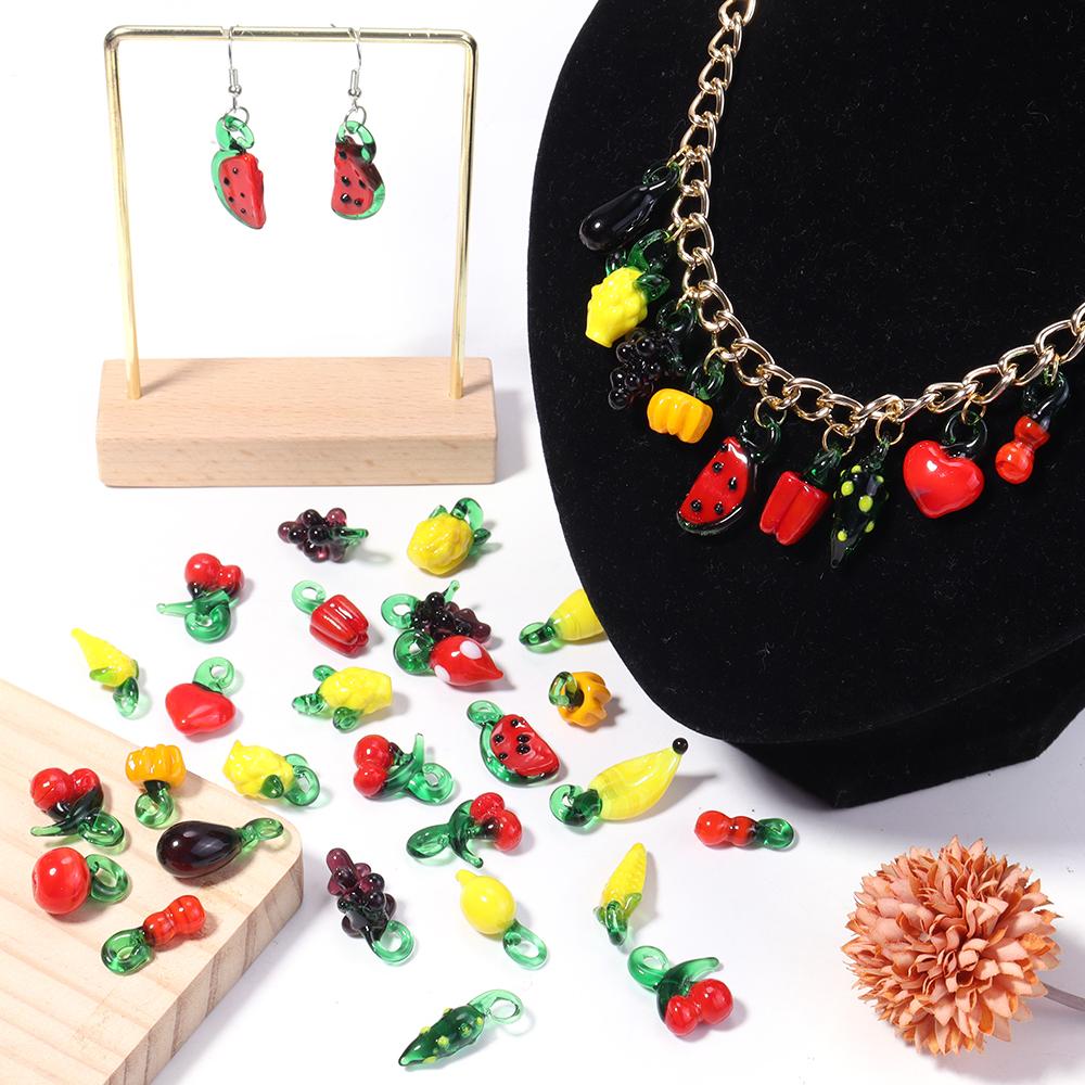 5pcs/lot Vegetables Fruit Glass Charms Pendant Lemon Watermelon Eggplant Grape Pendants For DIY Jewelry Making Necklace Earrings