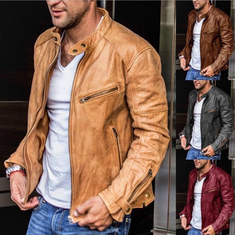 Men's leather jacket winter new color casual zipper decorative PU leather jacket jacket men