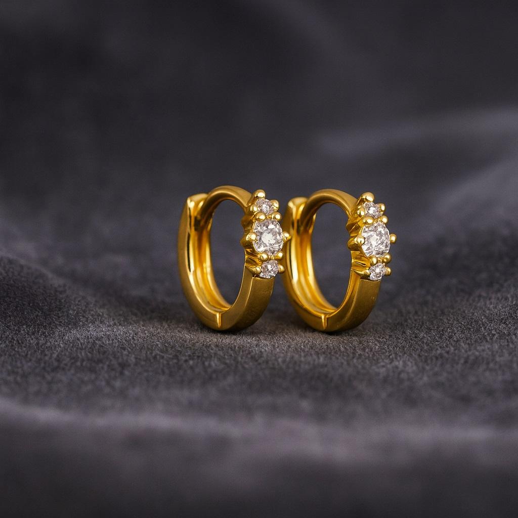 Triple Stone Huggie Hoop Earrings - 925 Sterling Silver Yellow Plated