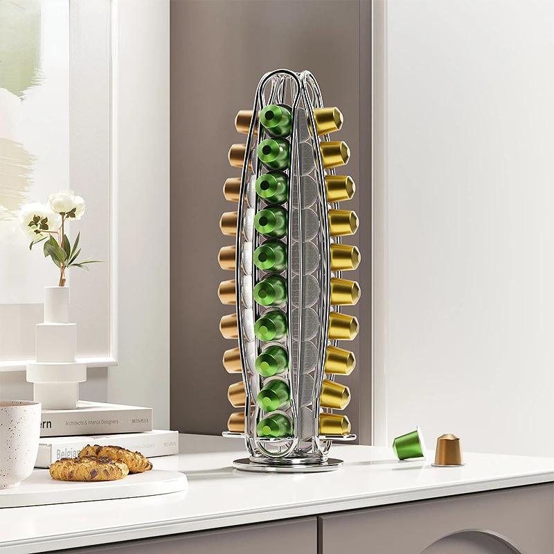 40 Pcs Nespresso Capsules Holder Rotating Rack Coffee Capsule Stand Coffee Pod Stainless Metal Storage Shelve Organization
