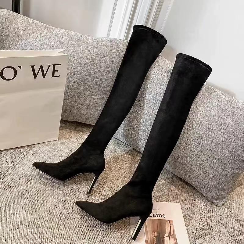 

Autumn And Winter New Fashion Sexy Black pointed toe thick heel elastic Boots Women s Versatile Temperament high-heeled Boots 37