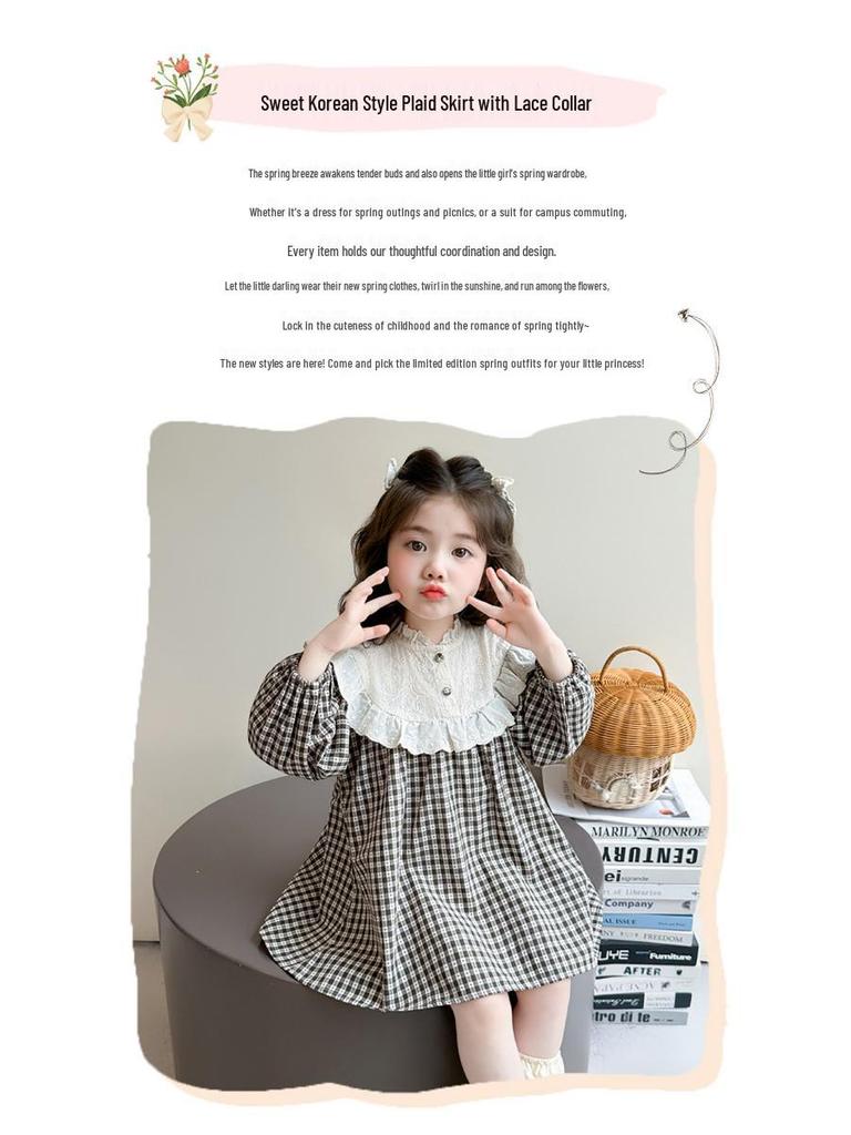 Spring Plaid Patchwork Dress with Sweet Lace Collar for Girls