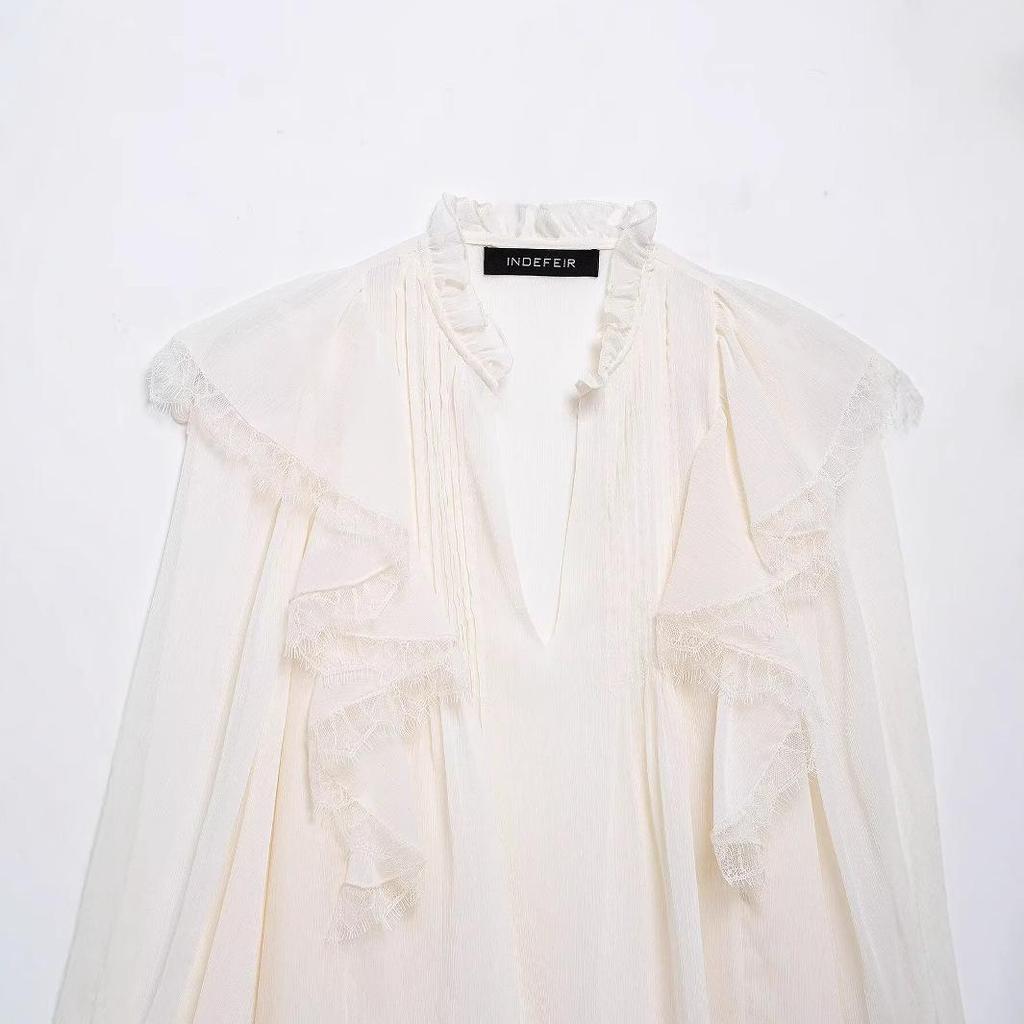 Cămașă de damă de primăvară 2025 stil european și american cu dantelă, decolteu în V și mâneci lungi