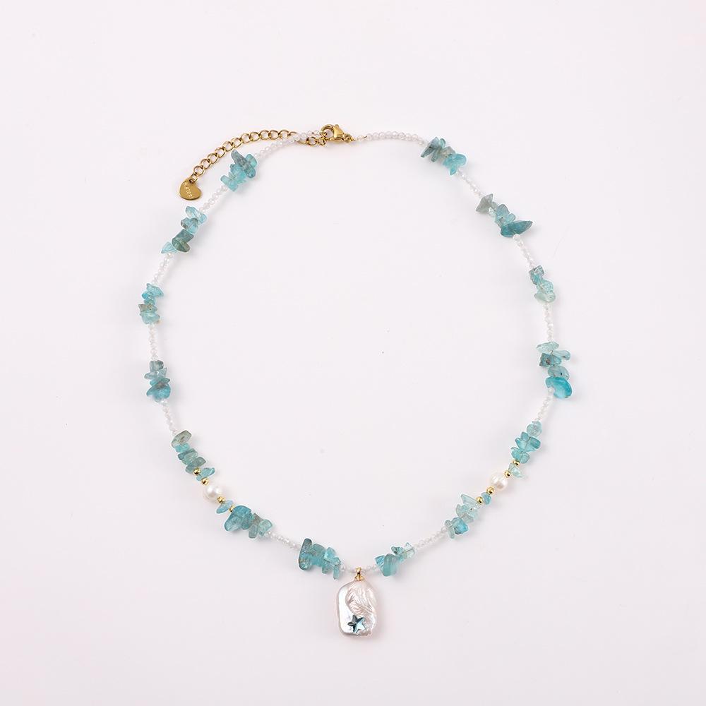 Aquamarine Irregular Pearl Necklace - Handmade Beaded Summer Beach Resort Style Accessory