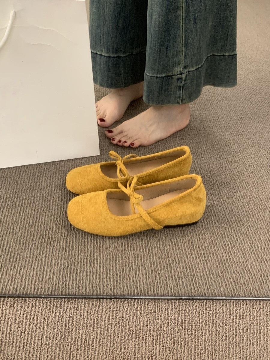 

French gentle wind evening shoes bow with inner height increase Mary Jane shoes light mouth suede ballet single shoes women 35 жёлтый
