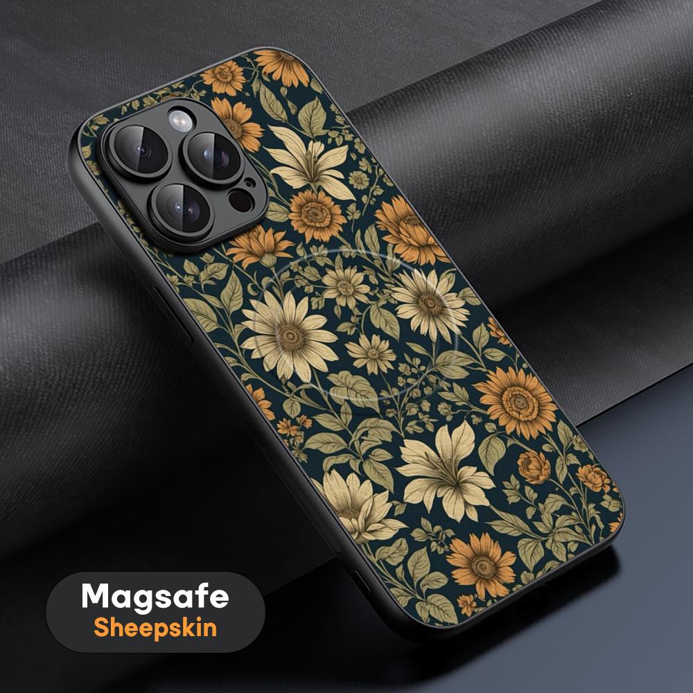 Art Retro floral pattern painting design Phone Case For iPhone 16 15 14 13 12 11 Plus Pro Max High-end Luxury Magsafe Sheepskin