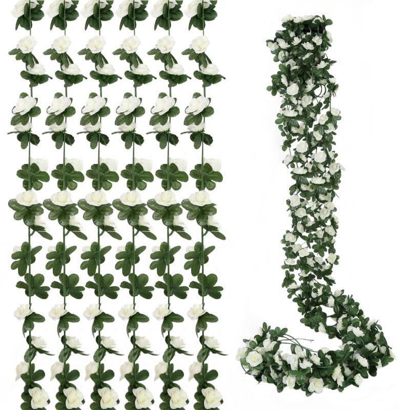 6 Pcs Flower Garland Artificial Rose Vine Flowers with Green Leaves Hanging Fake Roses Vine for Room Anniversary Wedding Birthday Christmas Arch Decor