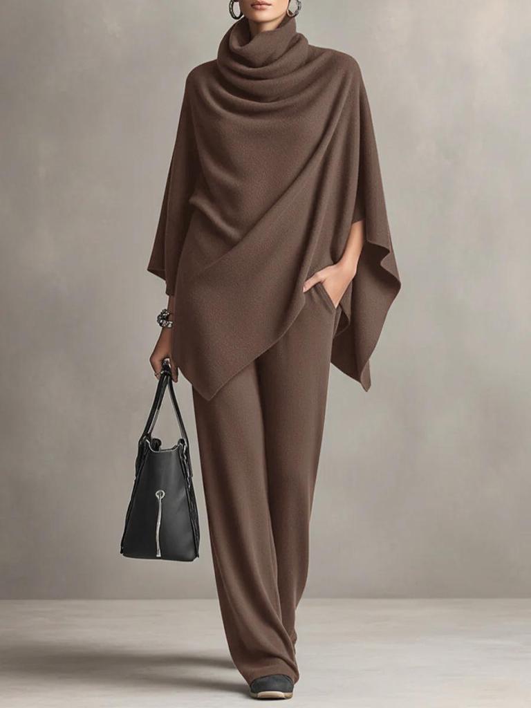 Women's Autumn/Winter Fleece Two-Piece Set: Stand Collar Cape & Wide-Leg Pants