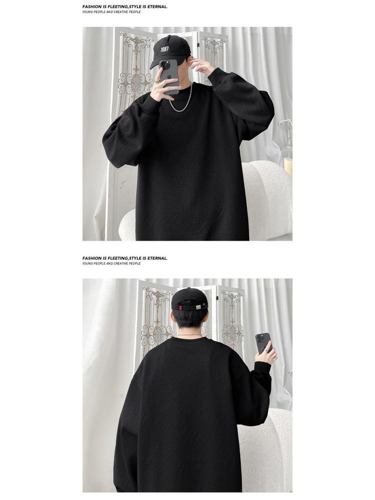 2025 Spring/Autumn Men's High-End Heavyweight Jacquard Hoodie - Versatile Round Neck, Loose Fit, Handsome Long Sleeve Top