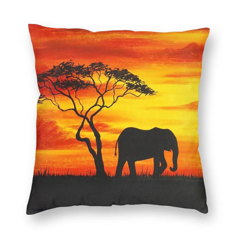 African Sunset Scene And Elephants Square Pillowcase Pillow Cover Cushion Throw Pillow for Home Sofa Living Room