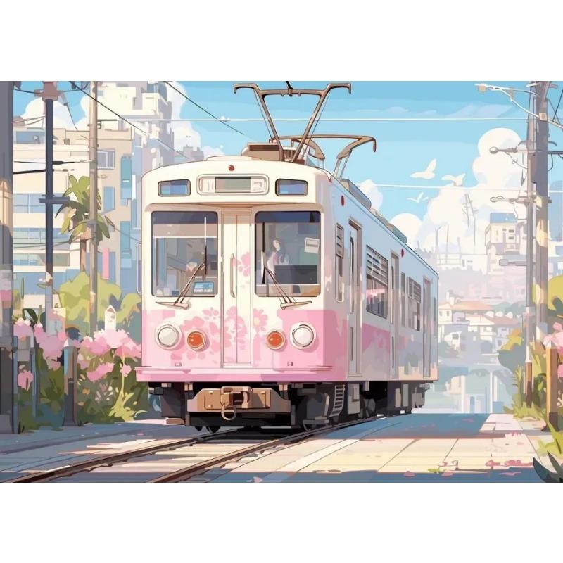 Aestheticism Anime Scenes Posters Sakura Tram Train Ocean View Prints Canvas Printing Wall Landscape Art Picture for Home Decor