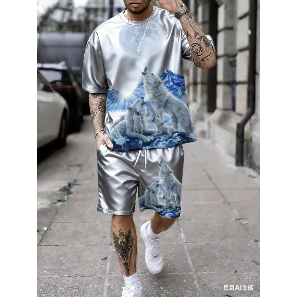 Men's Starry Sky Wolf Pack Print Short-Sleeved T-Shirt and Shorts Set