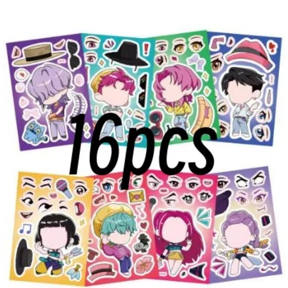 8/16/24Sheets Funny Kpop Demon Hunters Make A Face Puzzle Stickers Kids DIY Game Children Jigsaw  Toy Gift