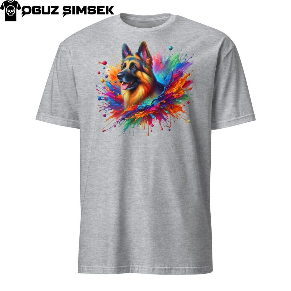 Colorful German Shepherd Unisex T-Shirt | Vibrant Paint Splashes Dog Design Tee!