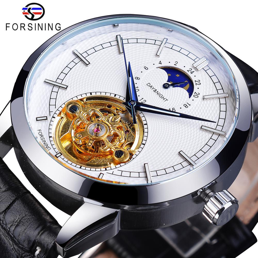 Forsining Men's Fashion Casual Hollow Moon Phase Carved Hollow Automatic Mechanical Watch GMT1177-2-A