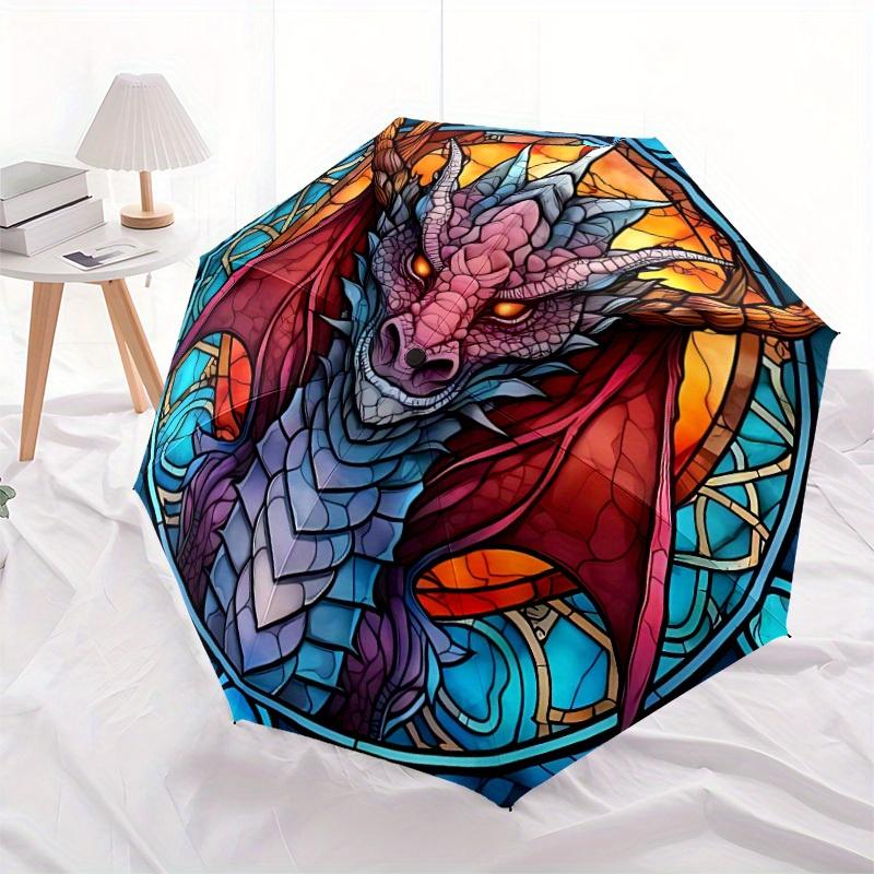 1pc Dragon StainedGlass Compact Travel Umbrella, Automatic Folding Lightweight Windproof 8-Bone Reinforced Design, Portable for Backpack Dur