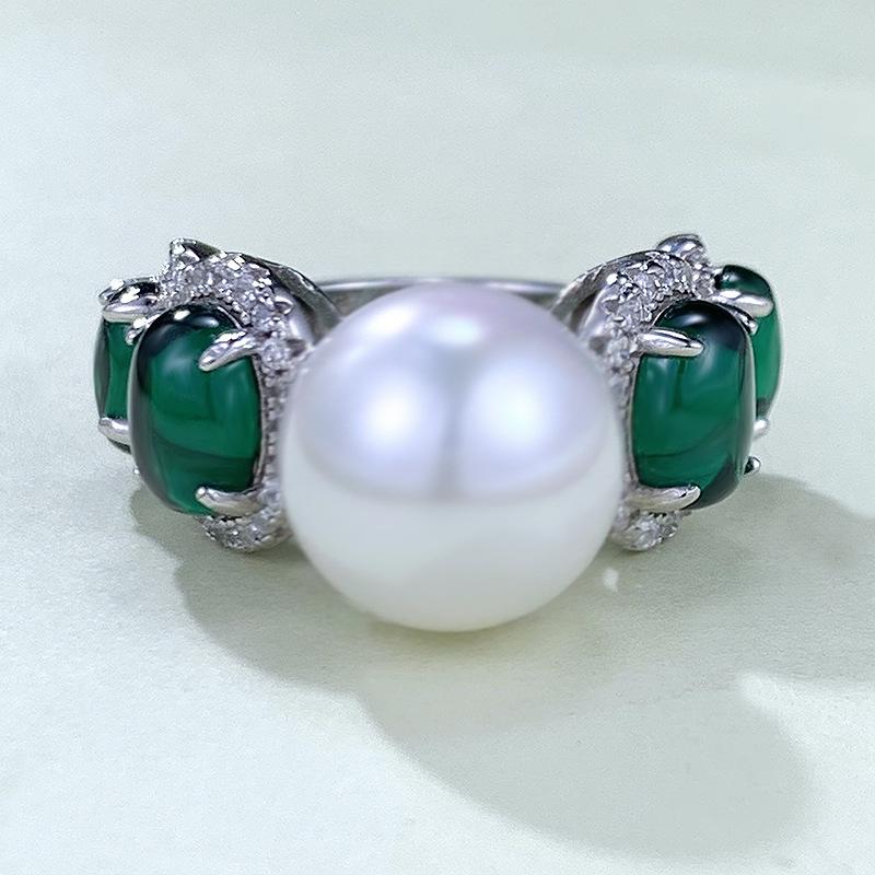 

Xiancan 023 S925 Silver 12mm Shell Pearl Ring with Simulated Emerald, Women s European & American Style Size 7