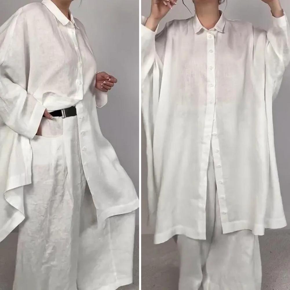 Women Suit Elegant Women's Shirt Pants Set with Lapel Button-down Blouse Elastic Waist Trousers Stylish Ol Commuting for Fall