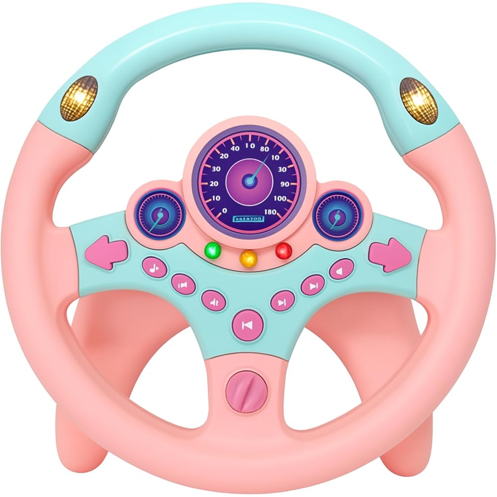 CocoPon Toy Steering Wheel with Adjustable Volume Real Sound for Kids Pink