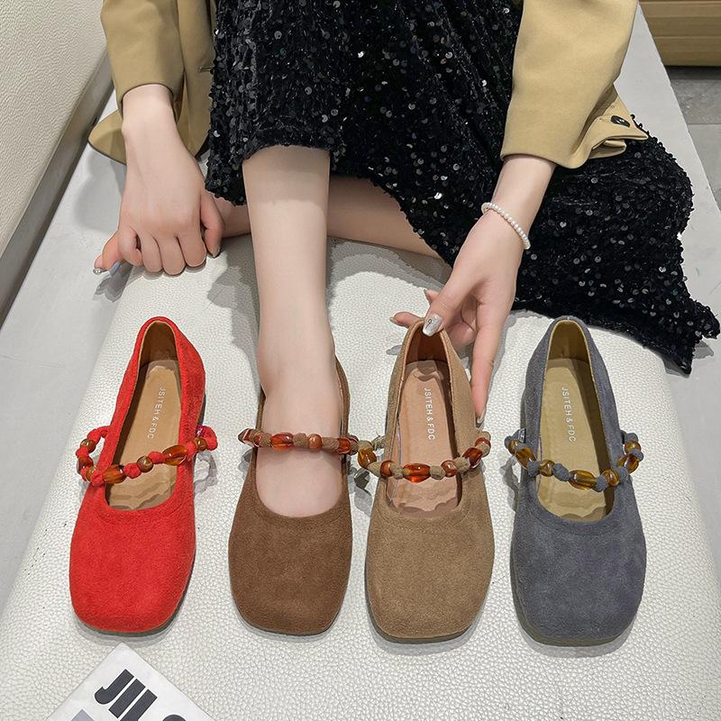 Beaded flat bottom shallow mouth single shoes women's 2025 new autumn gentle matching skirt national style Mary Jane shoes Doudou shoes