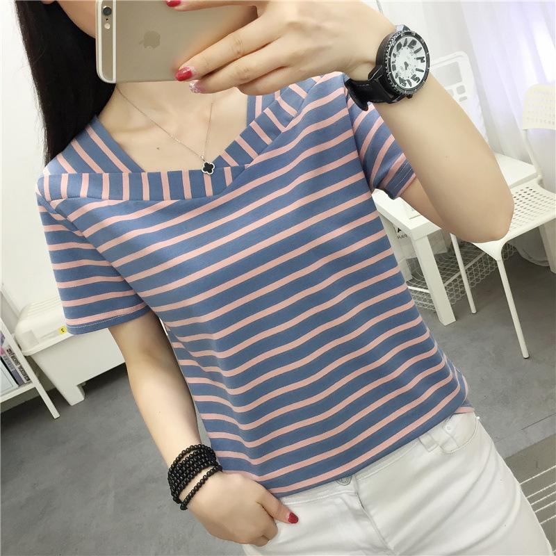Women's Oversized Cotton Striped V-Neck T-Shirt - Loose Fit, Short Sleeves, Summer Style